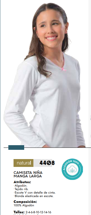 Camiseta M/L Niña Algodón Blanca 4408